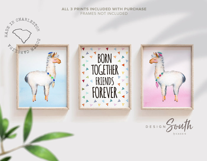 Boho cactus twin babies, llama theme gift for twins, boy girl twin art pink and blue, boho room boy girl twin decor, twin quote for nursery