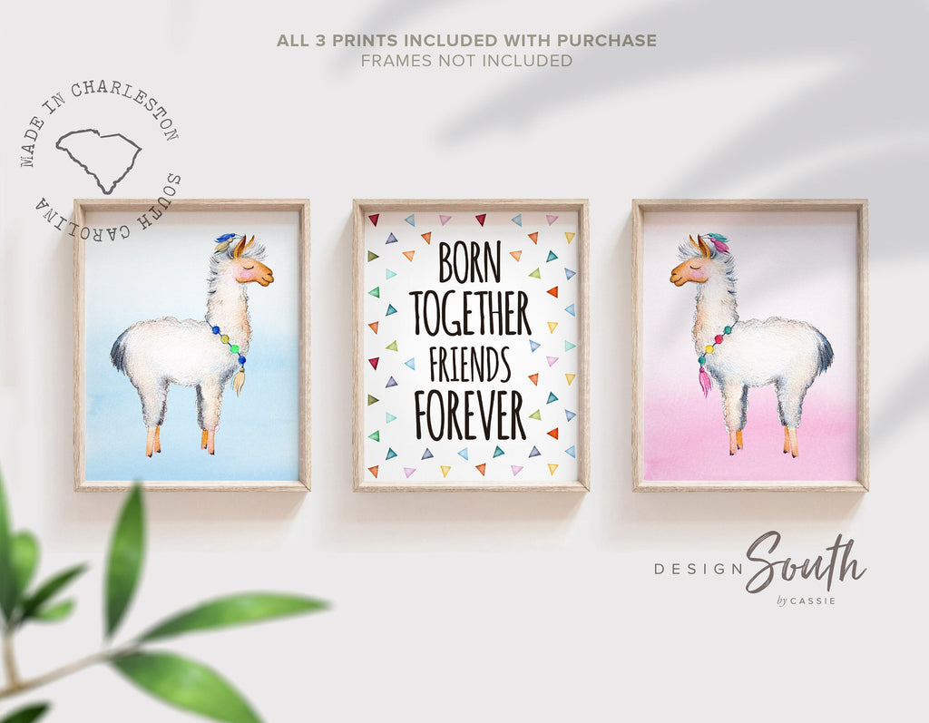 Boho cactus twin babies, llama theme gift for twins, boy girl twin art pink and blue, boho room boy girl twin decor, twin quote for nursery