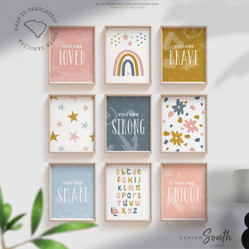 Girl pink playroom wall art, alphabet girls room decor, girls empowering quotes poster wall print set, kids affirmation prints rainbow stars