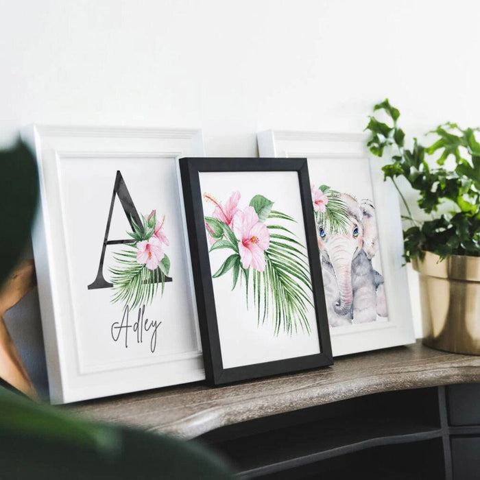 Girl nursery decor, flamingo tropical leaves nursery art, jungle theme botanical baby girl wall, coastal nursery decor, pink tropical decor