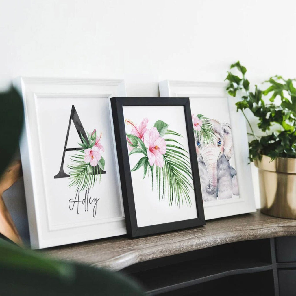 Girl nursery decor, flamingo tropical leaves nursery art, jungle theme botanical baby girl wall, coastal nursery decor, pink tropical decor