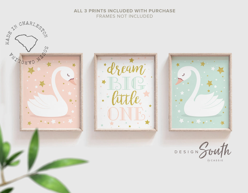 Peach mint gold nursery wall art, peach gold nursery decor, baby girl swan nursery art, swan theme girl nursery, dream big quote print set