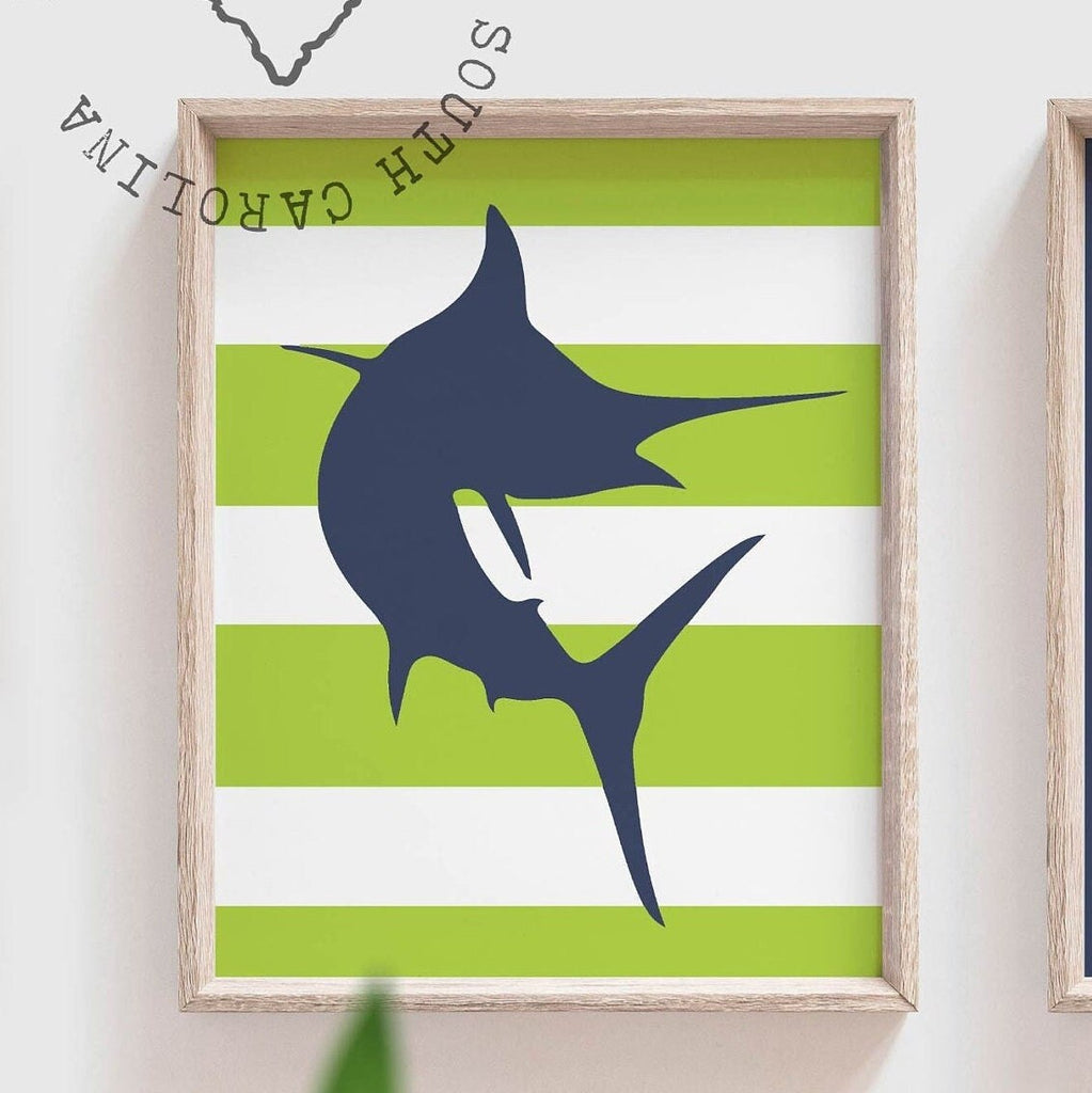Deep sea ocean fish wall decor for boys, bathroom ideas toddler, marlin fish print, wash brush floss flush, lime green navy blue children