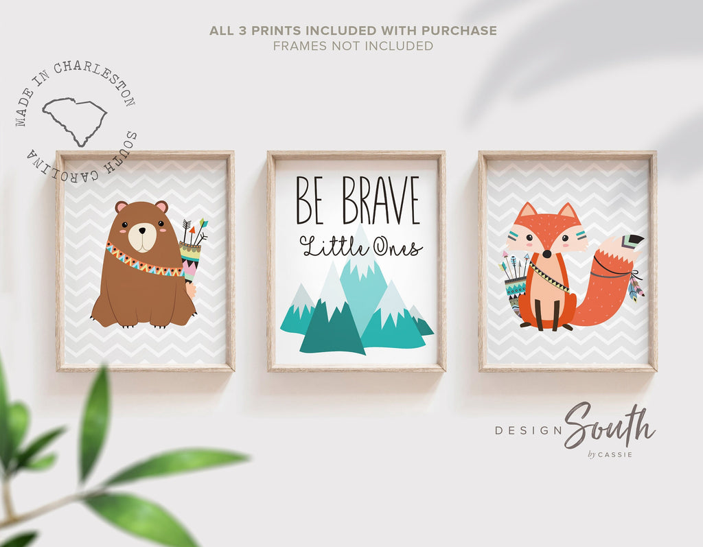Twin woodland nursery or bedroom decor, kids shared bedroom wall art prints, be brave little ones, playroom wall ideas kids, children's wall
