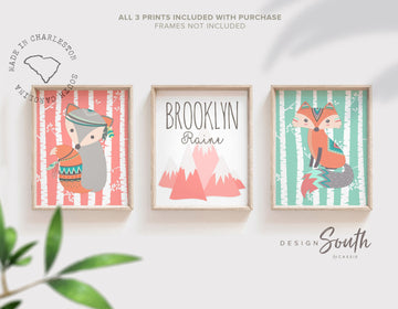 Personalized baby art, girl woodland nursery, coral & mint, boho baby room, girl monogram, baby girl fox, name art, gift for baby girl room