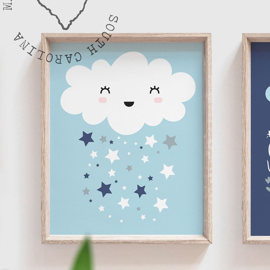 Baby boy nursery art prints blue and gray, boy nursery stars moon clouds, baby boy nursery decor, wall art for boy, little stars baby art