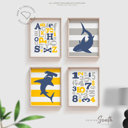 Boys navy blue gray and yellow, boys sharks, shark wall art, blue and yellow, nautical shark baby boys decor, baby boy wall art abc, sharks
