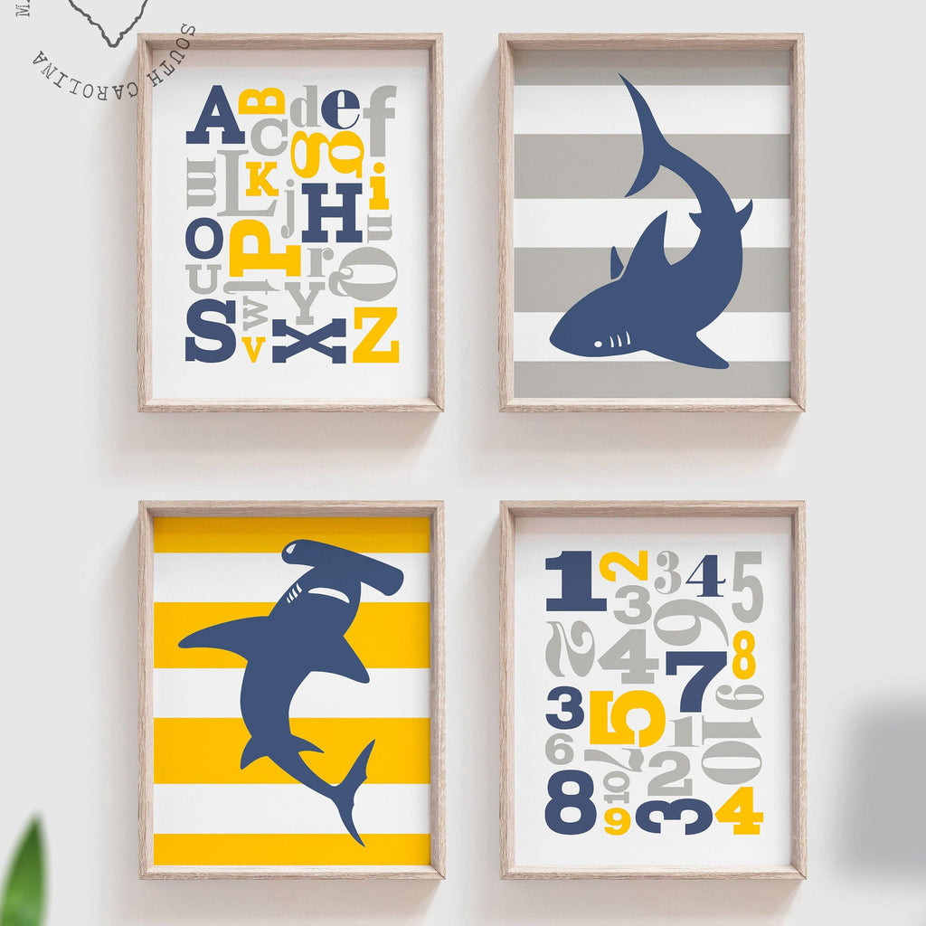 Boys navy blue gray and yellow, boys sharks, shark wall art, blue and yellow, nautical shark baby boys decor, baby boy wall art abc, sharks