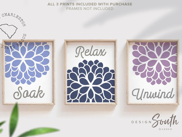 Bathroom wall decor, soak, relax, unwind, flower art for bathroom, adult bathroom art, children's wall art, bathroom flower art, flower art