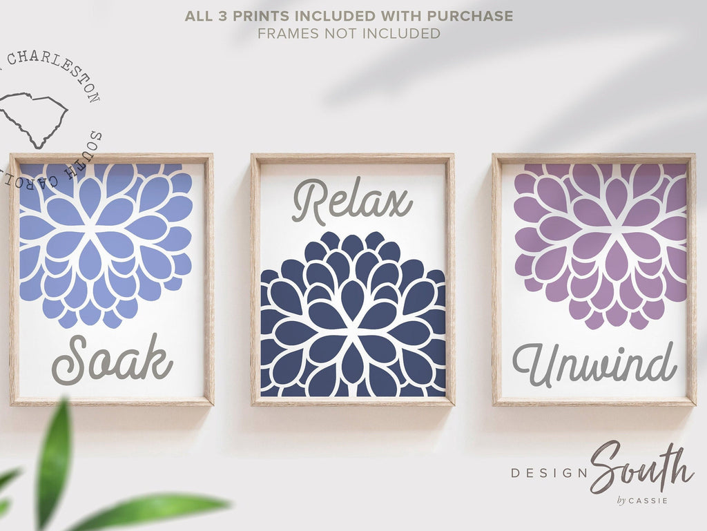 Bathroom wall decor, soak, relax, unwind, flower art for bathroom, adult bathroom art, children's wall art, bathroom flower art, flower art