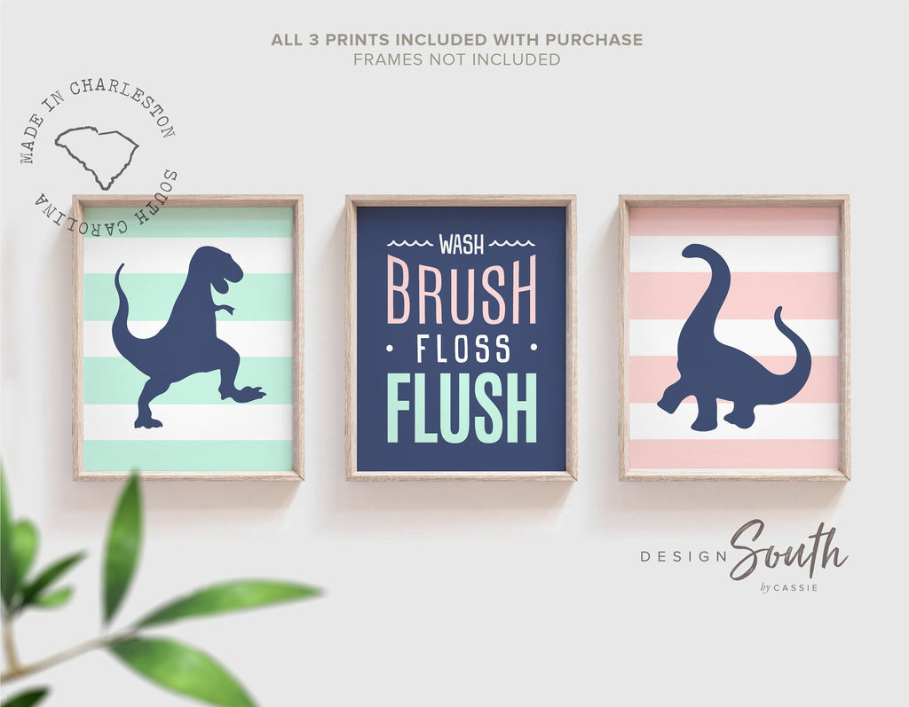 Kids boy girl wall decor, dinosaur bathroom print set, dinosaur twin decor, boy girl bathroom dinosaur themed, mint pink and navy kids art