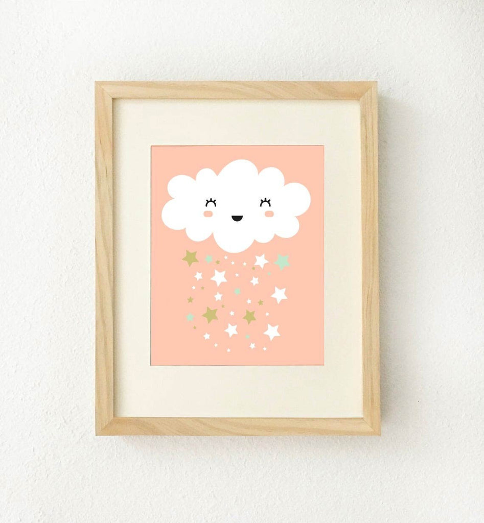 Coral mint gold, twinkle twinkle, moon cloud stars, baby girl nursery, gift for baby shower, cloud stars baby shower, little girls room art