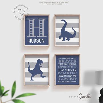 Blue dinosaurs, boys dinosaur room gray, dinosaur personalized, dinosaur customized bedroom wall art blue and gray, boys bedroom wall decor