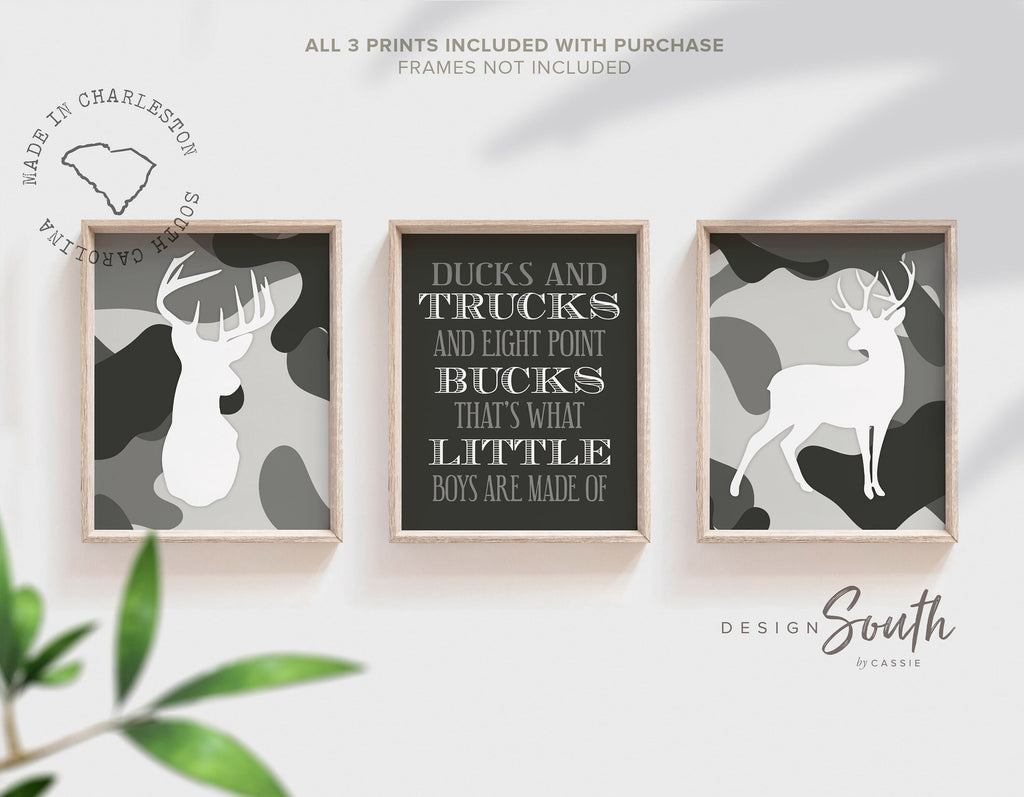 Buck nursery decor, deer nursery art, hunting quote for boys, what little boys are made of, hunting decor, gray hunting nursery for boys