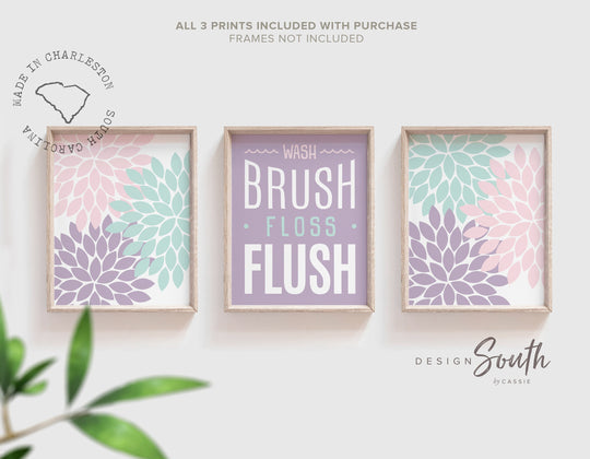 Girls bathroom decor, pink purple aqua girl decor, baby flower art, purple wash brush floral burst art, baby shower gift for girl, child art