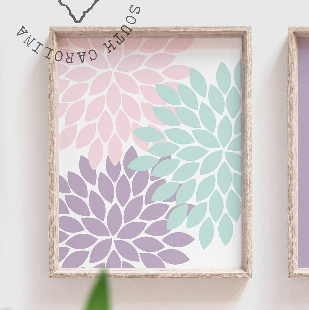 Girls bathroom decor, pink purple aqua girl decor, baby flower art, purple wash brush floral burst art, baby shower gift for girl, child art