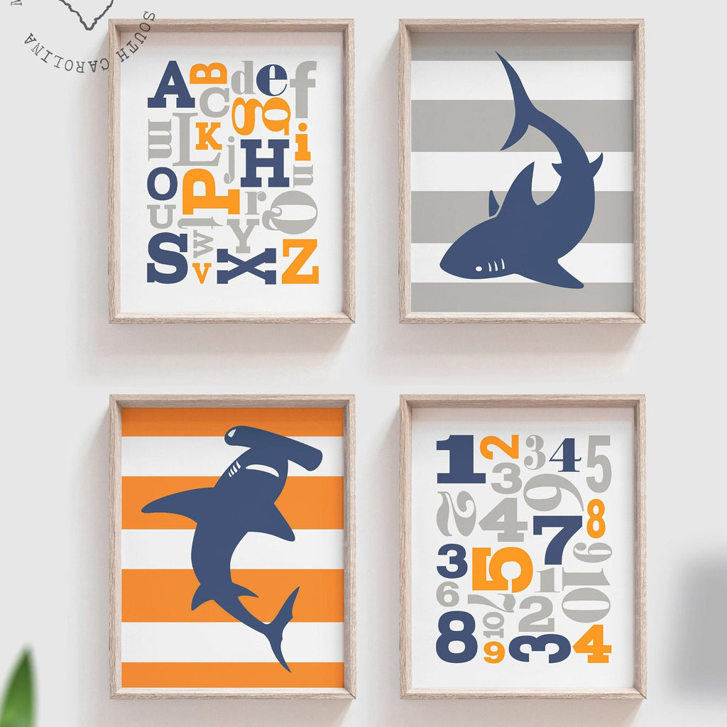 Shark wall art, baby boy nursery decor, sharks nautical boy bedroom navy blue, orange and navy blue, abc boys, shark playroom, boys playroom