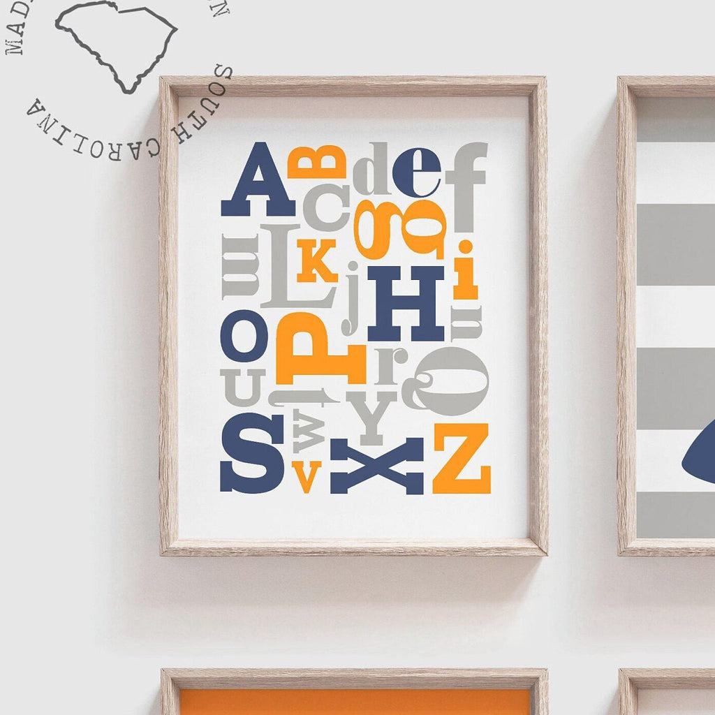 Shark wall art, baby boy nursery decor, sharks nautical boy bedroom navy blue, orange and navy blue, abc boys, shark playroom, boys playroom