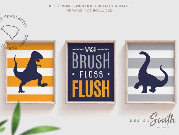 Orange navy and gray toddler bathroom decor, dinosaur boys decor, orange dinosaur bathroom, child bathroom art, kids wall prints wash brush