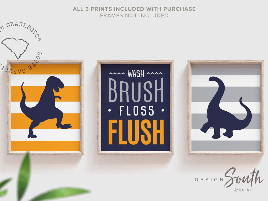 Orange navy and gray toddler bathroom decor, dinosaur boys decor, orange dinosaur bathroom, child bathroom art, kids wall prints wash brush
