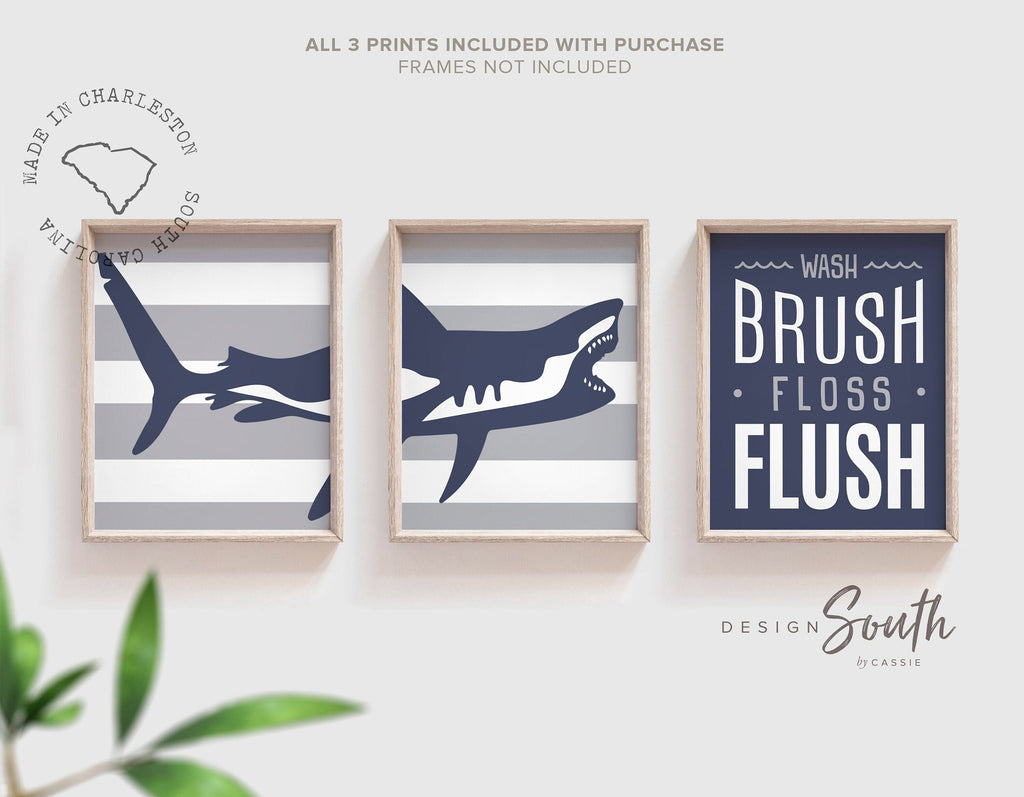 Shark theme bathroom, big boy bathroom art, blue sharks, gift for boy shark, kids bathroom navy blue, shark bite wash brush floss flush sign