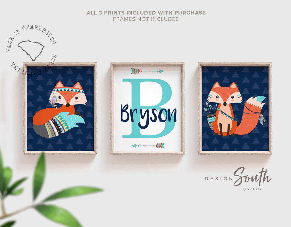 Baby boy nursery art tribal animals, boys name print fox theme, boys animal nursery, fox theme boys room decor, playroom child wall art idea