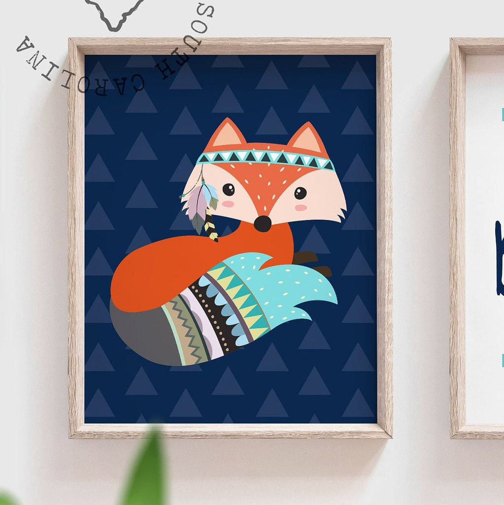 Baby boy nursery art tribal animals, boys name print fox theme, boys animal nursery, fox theme boys room decor, playroom child wall art idea
