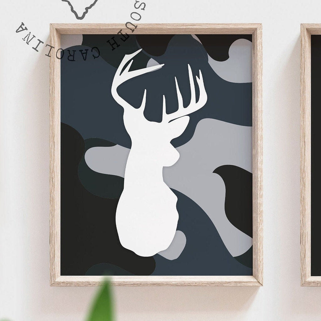 Hunting theme kid room, deer prints bucks, boy nursery decor hunting quote, navy blue camouflage decor for boys room, ducks trucks bucks kid