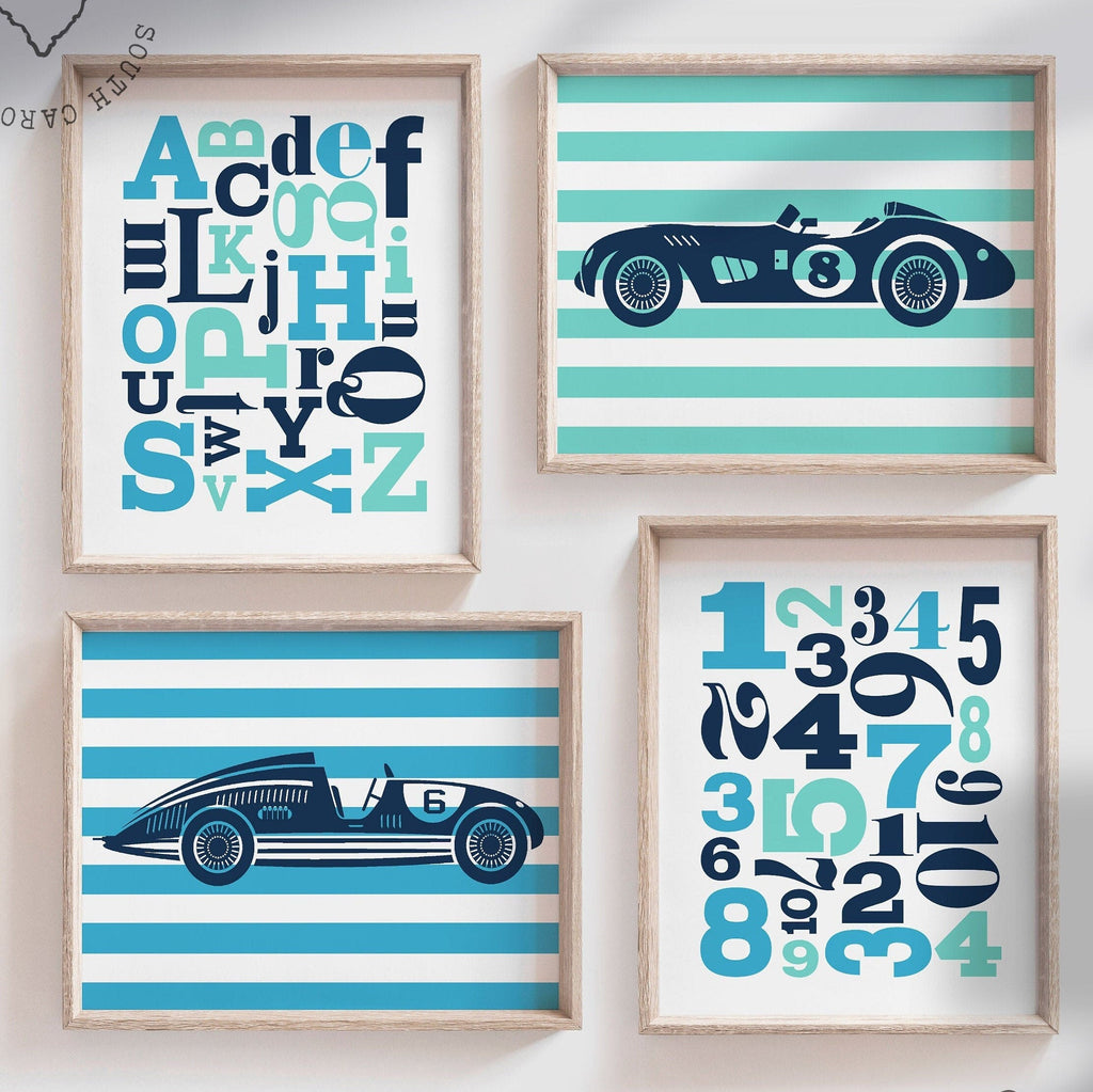 Racing nursery art, racing bedroom art, boys art, car wall decor, boy race car art, boys playroom decor, boys race cars, boys blue car theme