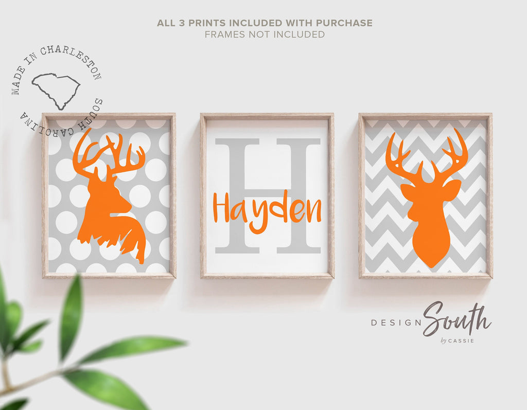 Boys deer nursery art orange and gray decor, deer wall art for boys, deer decor for nursery, deer bedroom for boys, custom hunting name art