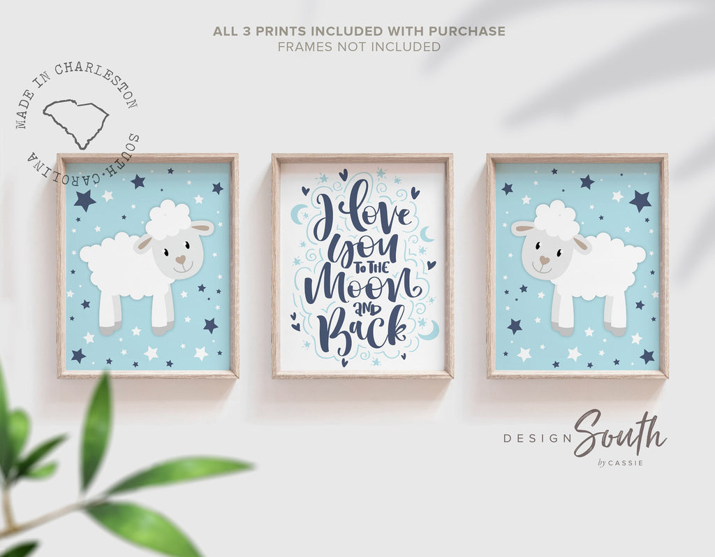 Sheep nursery decor, lamb art, moon and stars, nursery kids room prints, nursery decor boy, nursery wall art sheep, boy nursery decor blue