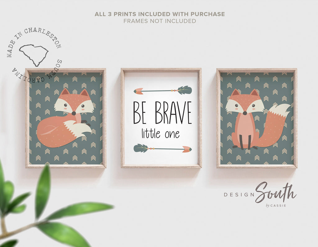 Baby boy fox nursery theme, woodland fox newborn gift be brave, boy nursery neutral gray woodland decor, fox boy nursery wall art print set