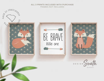 Baby boy fox nursery theme, woodland fox newborn gift be brave, boy nursery neutral gray woodland decor, fox boy nursery wall art print set