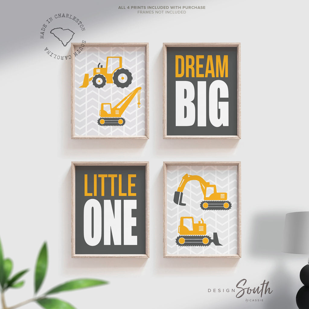 Construction prints, trucks, construction nursery, digger, bulldozer, boys nursery decor, yellow and gray art, art prints, boys construction