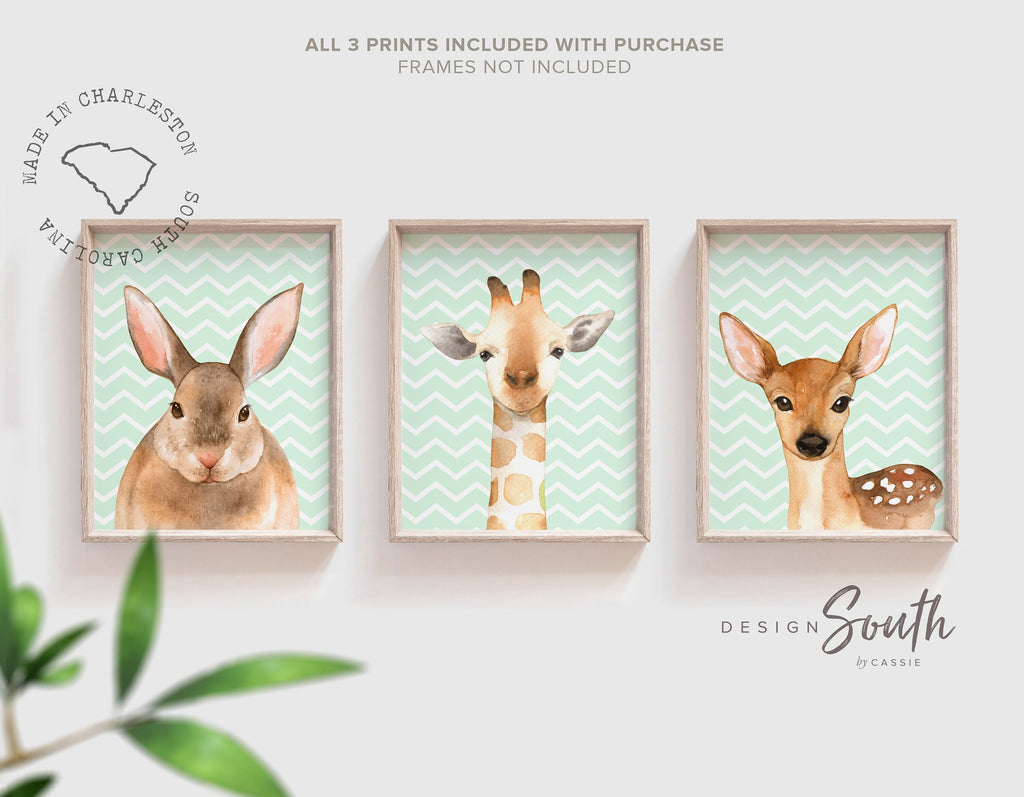 Gender neutral woodland, gender neutral animal art for nursery, unisex nursery, mint nursery, giraffe, deer, bunny, baby boy nursery decor