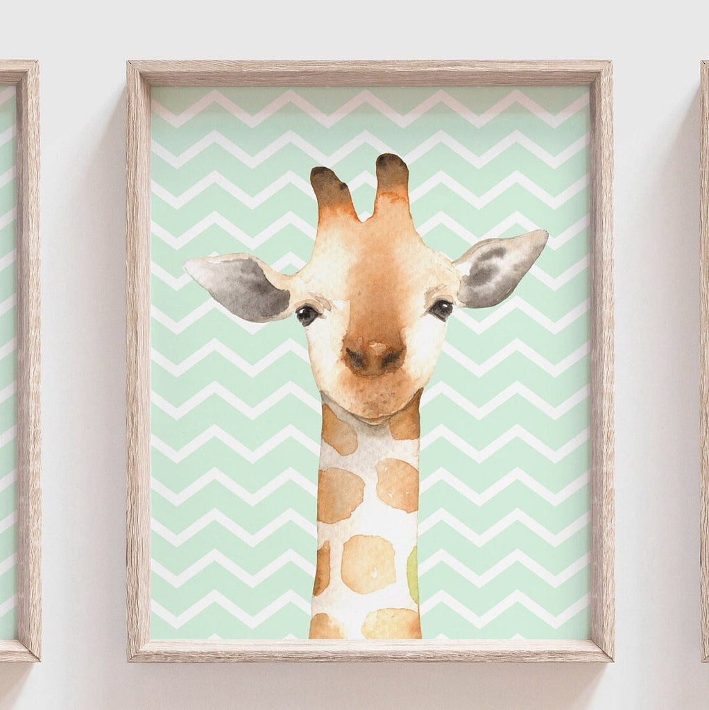 Gender neutral woodland, gender neutral animal art for nursery, unisex nursery, mint nursery, giraffe, deer, bunny, baby boy nursery decor