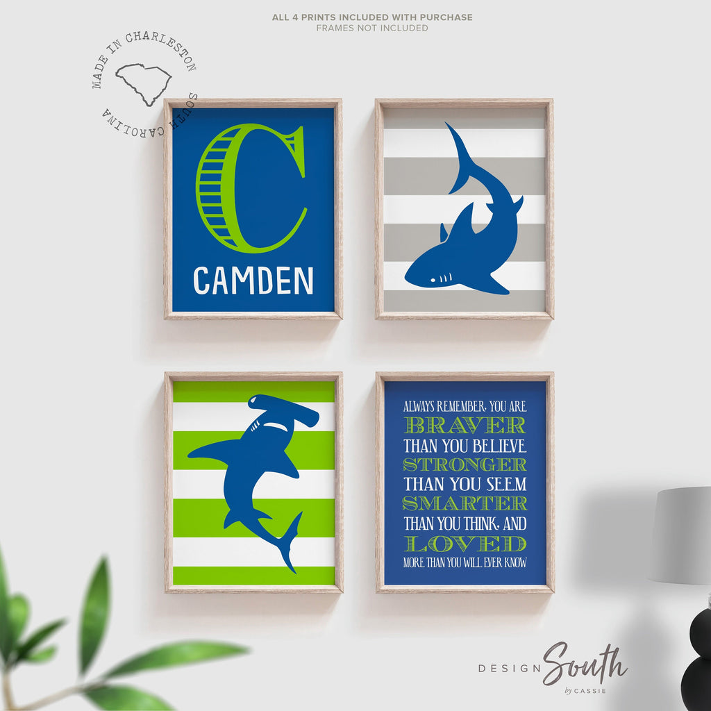 Cobalt blue shark, lime green shark, bedroom boy prints cobalt, kid quote, shark theme room, boys sharks, shark wall art, shark wall decor