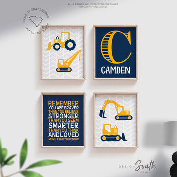 Construction prints, trucks, construction nursery, digger, bulldozer, boys nursery decor, yellow, navy blue, art prints, boys construction