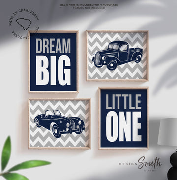 Vintage car and truck prints, vintage nursery, navy blue, gray, transportation nursery theme, boys car nursery, cars, classic car nursery