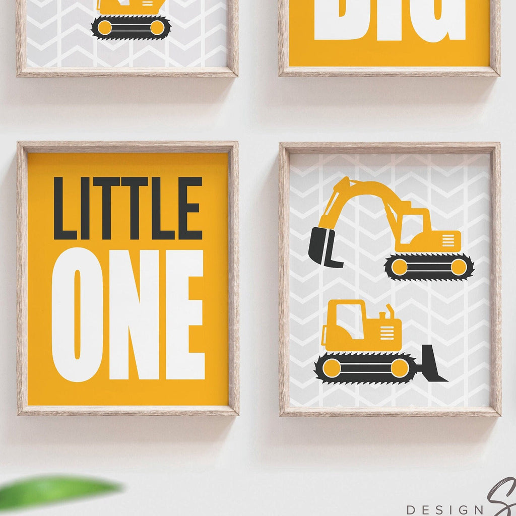Construction prints, trucks, construction nursery, digger, bulldozer, boys nursery decor, yellow and gray art, art prints, boys construction