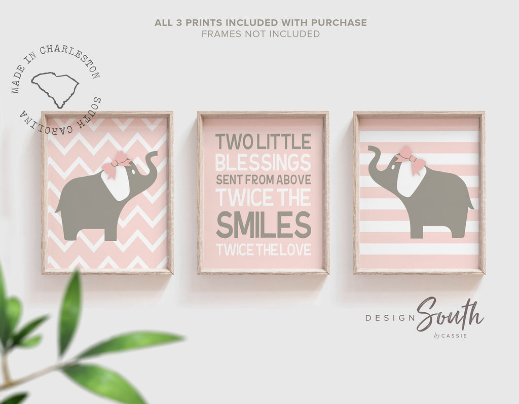 Twins girls nursery art, twin sisters pink and gray, twin girls quote, twins girls nursery decor, twin sister quote, elephant art twin girls