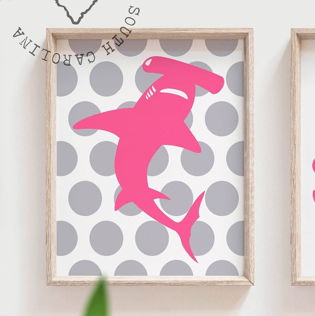 Girl's shark room wall art, pink gray shark decor, gift for little girl shark theme, shark wall art girl personalized gift, girl shark print