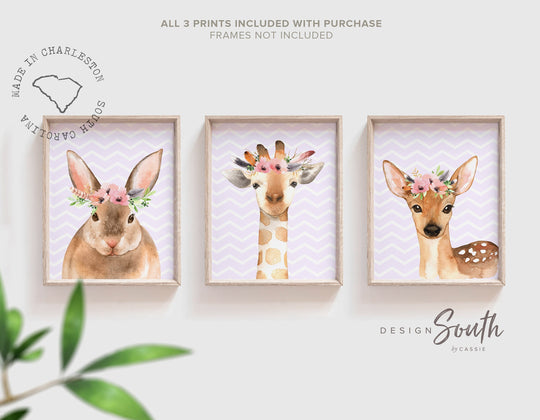 Girl nursery art woodland animals, baby gift animal, nursery purple lilac lavender, woodland nursery, toddler kid bedroom bunny giraffe deer