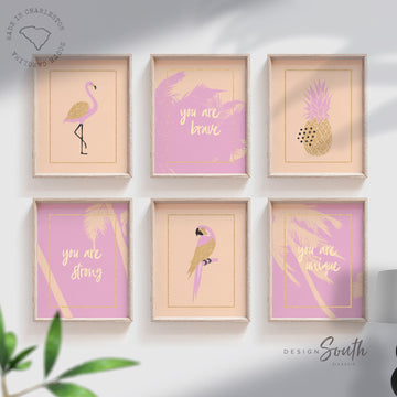Peach blush pink girl decor, tropical gallery wall art for girls, baby girl summer nursery or bedroom prints, peach coral and pink wall art
