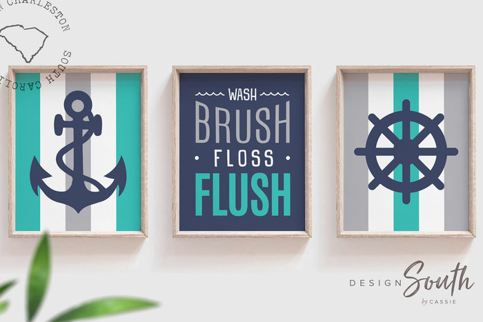 Boys turquoise teal gray bathroom decor, nautical boys bathroom, boys bathroom wall art anchor ship wheel nautical, baby boy nautical decor