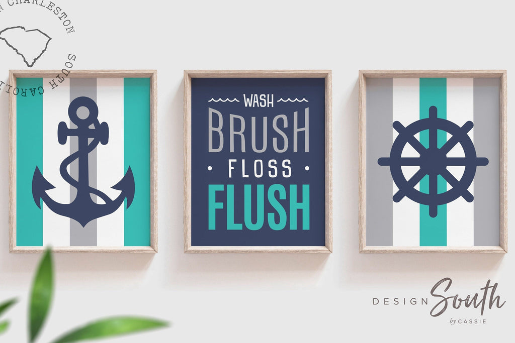 Boys turquoise teal gray bathroom decor, nautical boys bathroom, boys bathroom wall art anchor ship wheel nautical, baby boy nautical decor