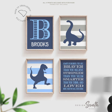 Blue gray dinosaur stripes boys room decor, blue navy boys bedroom art, boys name dinosaur wall art, boy monogram, light blue and navy blue