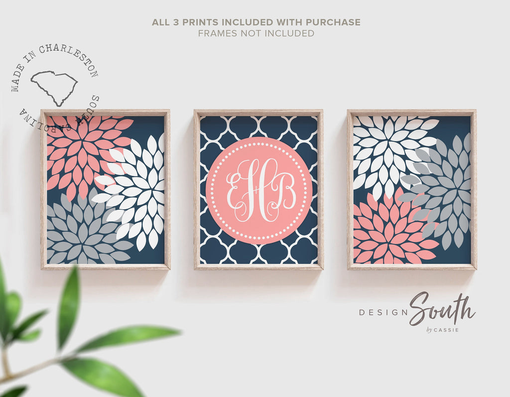 Girls nursery decor, pink and navy blue nursery, dahlia prints, monogrammed nursery art, girls monogram, girls bathroom decor, wall art girl