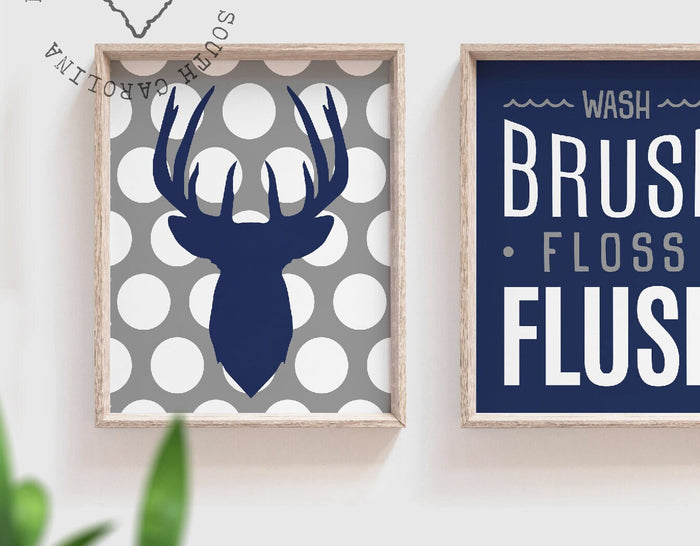 Deer bathroom, baby boy deer bathroom, baby boy hunting art, navy gray, navy gray hunting, hunting bathroom decor, deer hunter bathroom art