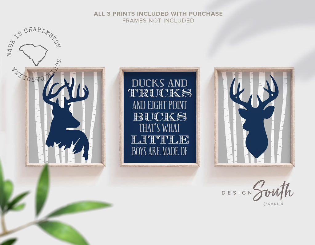 Boys navy blue and gray deer decor, dream big little one, big boy bedroom wall ideas, kid hunter art buck deer head prints, deer toddler art